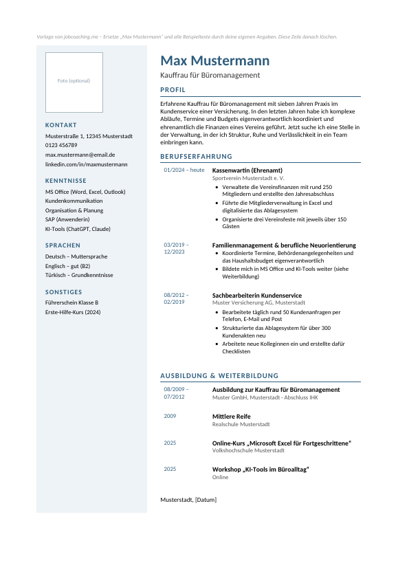 Vorschau Lebenslauf Layout B: Modern & Zweispaltig